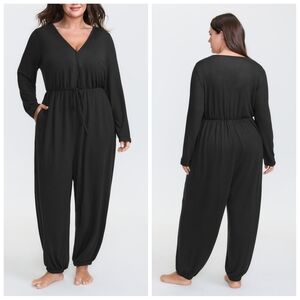 BloomChic Elastic Waist Lounge Jumpsuit Black | Overlap Collar | Plus Size 28